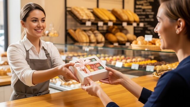 Delightful bakery experience with woman receiving macarons gift box from cheerful smiling baker in a modern bakery, perfect for sweet indulgence ads