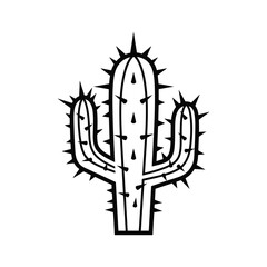 Stylized saguaro cactus vector icon, simple black and white desert plant illustration with sharp thorns