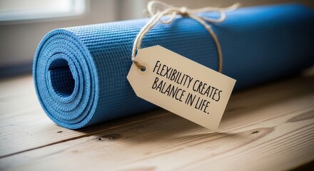 Rolled yoga mat with inspirational tag on a wooden surface