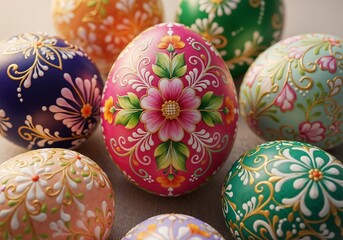 Colorful decorative Easter eggs arranged on a table showcasing intricate floral designs during spring celebrations
