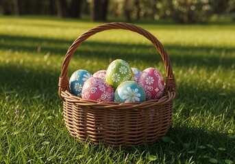 Colorful decorated Easter eggs in a wicker basket on green grass during spring afternoon