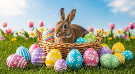 Colorful Easter celebration with a rabbit in a basket surrounded by decorated eggs in a sunny garden