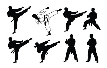  silhouettes of karate athletes demonstrating various 