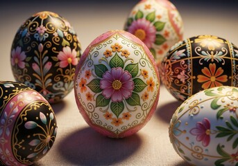 Colorful decorative eggs displayed on a soft surface for a festive celebration in springtime