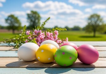 Colorful Easter eggs arranged on a wooden table with flowers and a sunny landscape in the background
