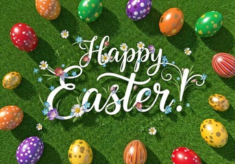 Colorful Easter eggs arranged on green grass with cheerful text wishing Happy Easter for festive celebration