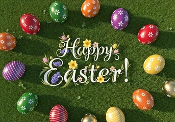 Colorful Easter eggs and flowers greeting crafted on green grass celebrate the joy of the season
