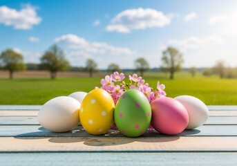 Colorful Easter eggs and blooming flowers in a sunny field during springtime