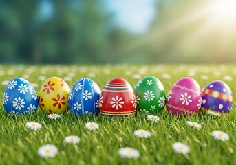 Colorful Easter eggs arranged on green grass field with daisies under bright sunlight