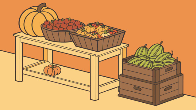 Autumnal harvest produce display with fresh pumpkins, crisp red apples, and vibrant green melons arranged on a rustic wooden market table and in stacked crates