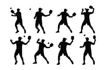 silhouettes of pickleball players in various actions