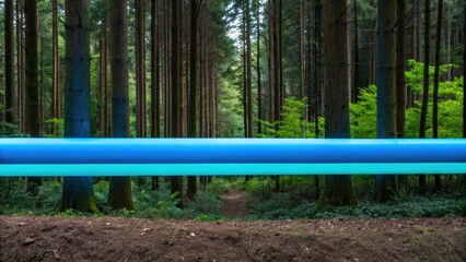 A vibrant blue line contrasts against a lush forest backdrop, showcasing a blend of natural and artistic elements in a serene woodland setting.