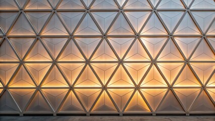 A geometric wall featuring triangular patterns illuminated by warm lighting, showcasing modern architectural design elements.