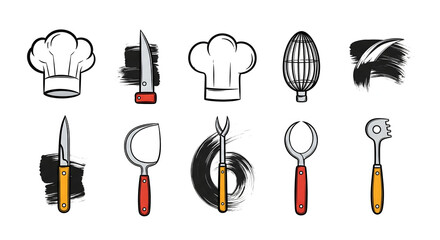 Culinary Essentials: A set of essential cooking tools artfully presented. Featuring chef's hat and kitchen equipment in a row.