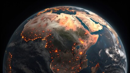 A stunning view of Earth from space, highlighting fiery spots across Africa, showcasing both beauty and environmental challenges.