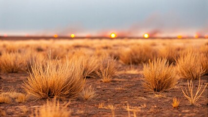 A vast, arid landscape with golden grasses and a dramatic sunset in the background, evoking a serene yet rugged natural beauty.