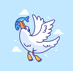 Flying seagull cartoon illustration carrying a fish in the sky with clouds and sparkles