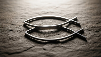 Silver Christian fish symbol on textured stone surface  