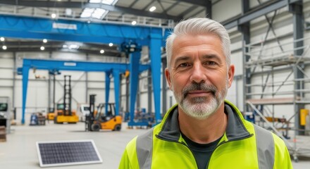 Smiling mature man in warehouse environment with a lift and industrial facility
