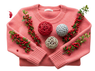 Cozy pink knitted sweater decorated with bright red winter berries and decorative twine balls for a festive holiday flat lay isolated on transparent background