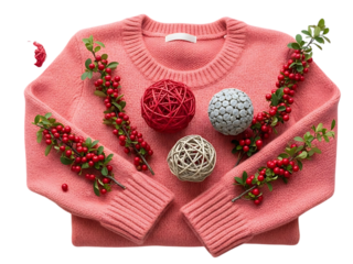 Cozy pink knitted sweater decorated with bright red winter berries and decorative twine balls for a festive holiday flat lay isolated on transparent background