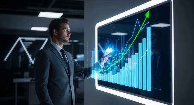 Business Analyst Examines Futuristic Charts For Market Analysis And Strategic Planning