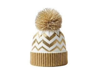 White and gold knitted winter beanie hat with pom pom isolated on transparent background