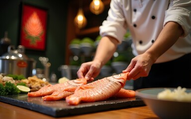 Chinese chef prepares fish in a restaurant kitchen. High quality