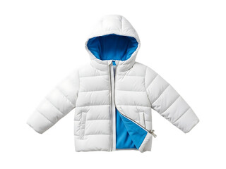 White puffer jacket for child with bright blue lining and hood, isolated on transparent background