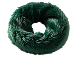 Closeup of a luxurious, thick, dark green faux fur scrunchie or hair tie accessory isolated on transparent background