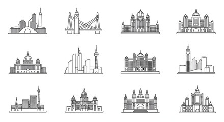 Naklejka premium Architectural Marvels: A curated collection of iconic buildings and architectural wonders in a clean, minimalist style. This image would appeal to architecture enthusiasts, designers.