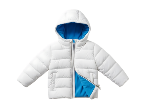 White puffer jacket for child with bright blue lining and hood, isolated on transparent background