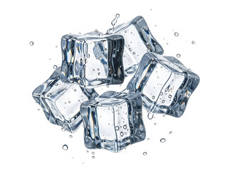 A cluster of five clear, wet ice cubes with water droplets splashing around them, isolated on transparent background