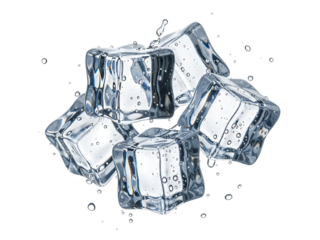 A cluster of five clear, wet ice cubes with water droplets splashing around them, isolated on transparent background