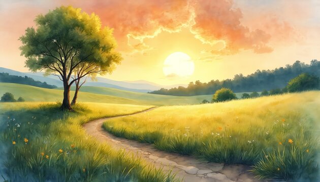 Sunny natural landscape shows field with tall yellow grass. Winding path leads to big tree. Warm sunset sunrise light illuminates hills, forest in distance. Vibrant colors paint peaceful sky, serene