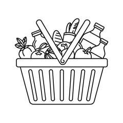 Line art shopping basket filled with fresh groceries including fruit, vegetables, bread, and milk products