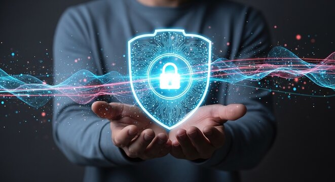 A person holding a digital shield with a padlock, representing cybersecurity and data protection, with glowing lines and particles in a dark environment
