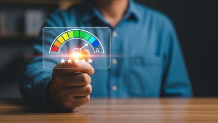 Man holding digital speedometer gauge displaying high performance and satisfaction