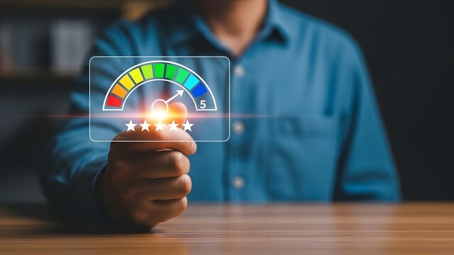 Man holding digital speedometer gauge displaying high performance and satisfaction