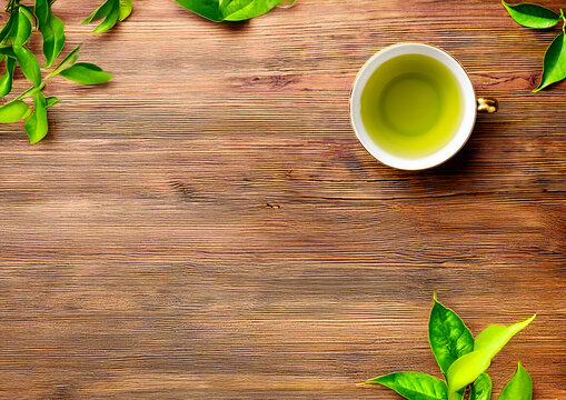 A cup of green tea and  houseplant on a wooden table