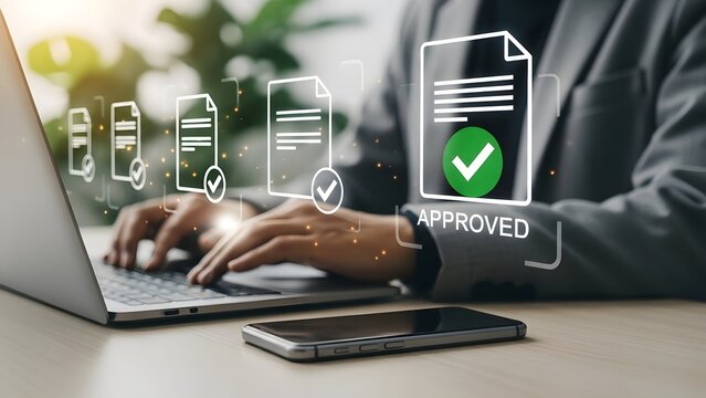 Document approval process automation with businessman typing on laptop keyboard - Powered by Adobe