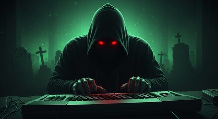 A mysterious hacker with glowing red eyes types furiously on a keyboard in a dark, eerie graveyard, illuminated by a green glow, creating a spooky scene