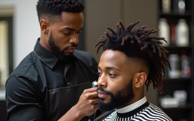 Unrecognizable crop male hairdresser using trimmer and grooming hair of man with dreadlocks in contemporary barbershop. High quality
