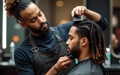 Unrecognizable crop male hairdresser using trimmer and grooming hair of man with dreadlocks in contemporary barbershop. High quality