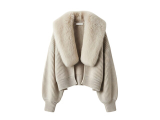 Chic beige knit cardigan with large fluffy faux fur collar, a stylish cropped outerwear piece isolated on transparent background