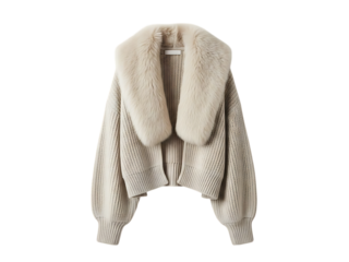 Chic beige knit cardigan with large fluffy faux fur collar, a stylish cropped outerwear piece isolated on transparent background