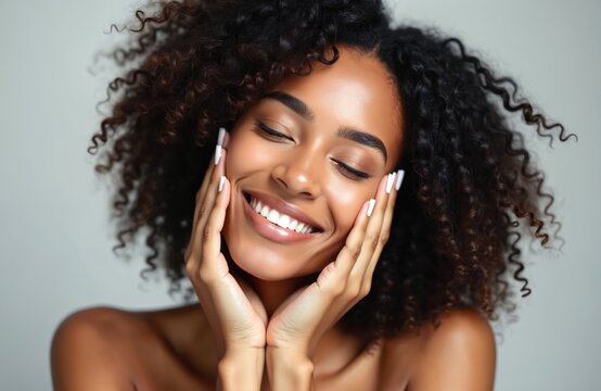 Young Black woman smiles with closed eyes, showing perfect white teeth. Gently touches glowing, fresh skin, expressing pure happiness. Beautiful curly hair frames face after refreshing daily beauty