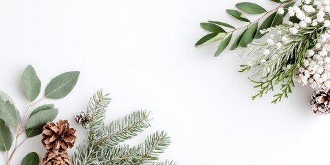 White background with a green leaf and a pine cone