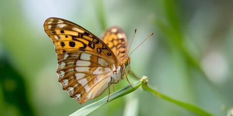 Fototapeta premium Butterfly is sitting on a green leaf