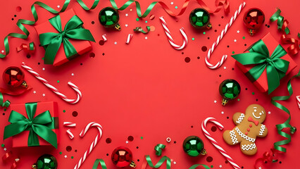 Festive Christmas Flat Lay with Gifts, Candy Canes and Gingerbread Cookie